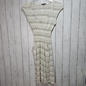 Modaspia Women's Ivory Beige Linen Knit Fiji Stripe Dress Size Medium Pockets.